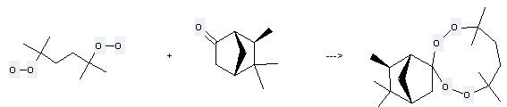 Hydroperoxide,1,1'-(1,1,4,4-tetramethyl-1,4-butanediyl)bis- can be used to produce 6,6,9,9-tetramethyl-3-(5,5,6-trimethylbicyclo[2.2.1]heptyl)-1,2,4,5-tetraoxacyclononane with (+-)-5,5,6exo-trimethyl-norbornan-2-one